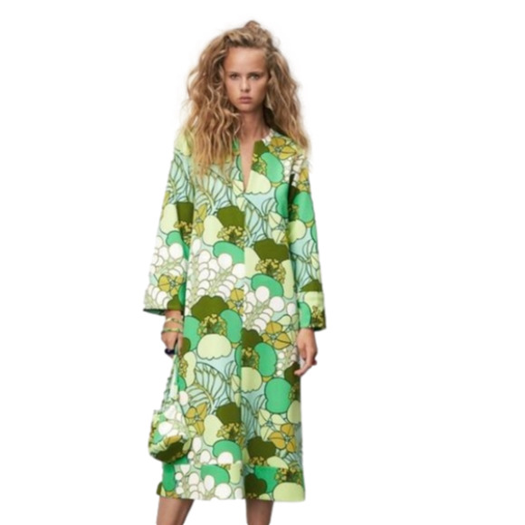 Zara Dresses & Skirts - ZARA BOTANICAL PRINT MIDI DRESS WITH MATCHING POUCH- SIZE MEDIUM- NWT